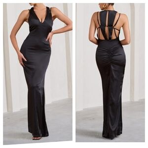Club L London Emery Plunge Neck Strappy Satin Maxi Dress New With Tags